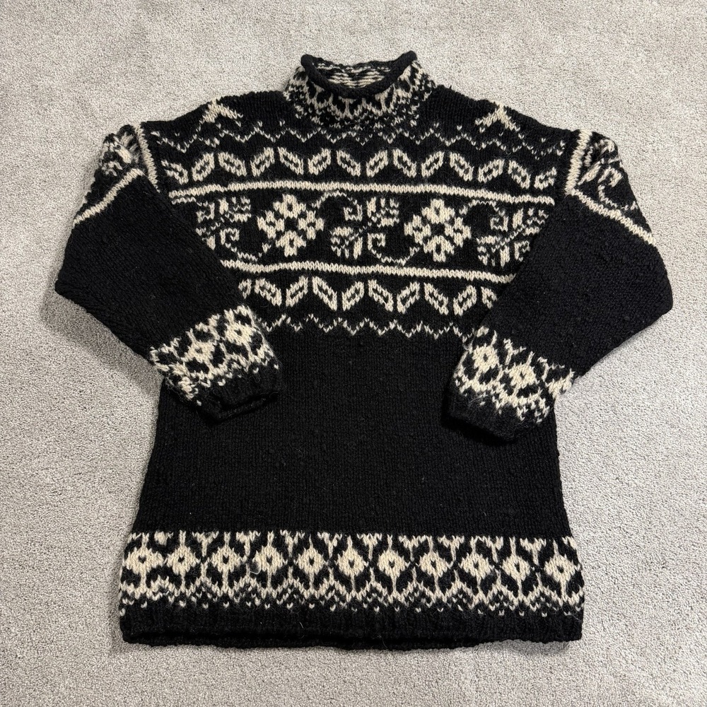 Vintage Express Tricot Sweater Womens L Black White Wool Pullover Nordic Floral